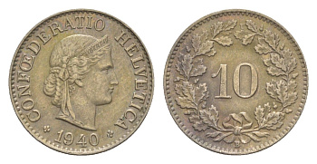 Швейцария 10 раппенов 1940 B KM 27 медно-никель 4627-1221