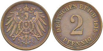 ГЕРМАНИЯ 2 ПФЕННИГА 1915 A KM 16, J. 11, Weege 4 медь 206-654