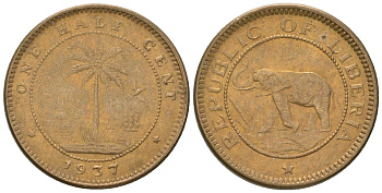 Либерия 1/2 цента 1937 KM 10 латунь aUNC 4585-1139