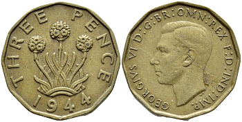 Великобритания 3 пенса 1944 Георг VI (1936-1952) KM 849, Spink 4112 никель латунь 4395-1144