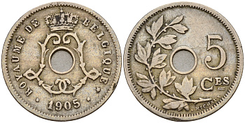 Бельгия 5 сантимов 1905 Belges KM 54 медно-никель    4598-847