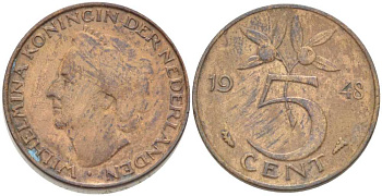 НИДЕРЛАНДЫ 5 ЦЕНТОВ 1948 ВИЛЬГЕЛЬМИНА (1890-1948) KM 176 бронза 212-1017