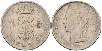 Бельгия 1 франк 1952 Belgie, Бодуэн I (1951-1993) KM 143.1 медно-никель 4395-612