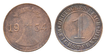 Германия 1 рейхспфенниг 1934 D KM 37, J. 313 бронза 4636-346