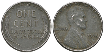 США 1 цент 1943 Авраам Линкольн KM 132 a сталь покрытая цинком 214-328