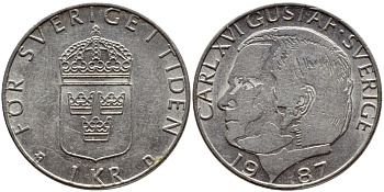 Швеция 1 крона 1987 Карл XVI Густав (1973- ) KM 852a медно-никель 4397-1154