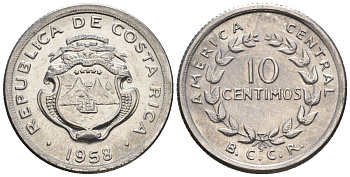 Коста-Рика 10 сентимо 1958  KM 185.1a сталь  UNC  4609-733