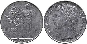 ИТАЛИЯ 100 ЛИР 1963 R, АФИНА KM 96.1 сталь 32-1011