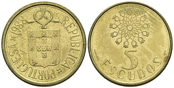 Португалия 5 эскудо 1988 KM 632 никель латунь 4148-441