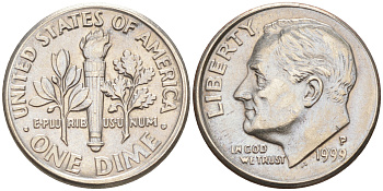 США 10 ЦЕНТОВ = 1 ДАЙМ 1999 P, РУЗВЕЛЬТ KM 195a медь плакированная медно-никелем 188-727