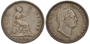 Великобритания 4 пенса (гроут) 1836 Вильгельм IV (1830-1837) KM 723, Spink 3837 серебро 1519-1542