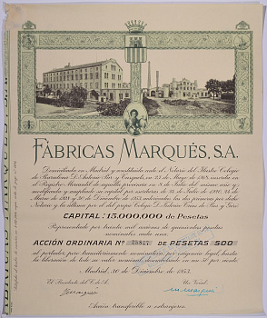 ИСПАНИЯ АЦИЯ НА 500 ПЕСЕТ 1953 FABRICAS MARQUES S.A., МАДРИД 1953 бумага 5544-3