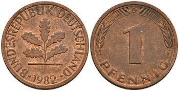 ФРГ 1 пфенниг 1982 G KM 105, J. 380 сталь плакированная медью    4598-623