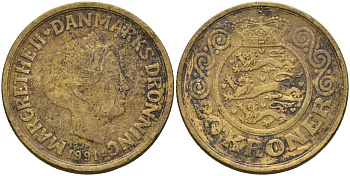 Дания 20 крон 1991 LG; JP; A, Маргрете II (1972-) KM 871 алюминиевая бронза 4144-613