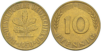 ФРГ 10 ПФЕННИГОВ 1950 D KM 108, J. 383 сталь плакированная латунью 219-423