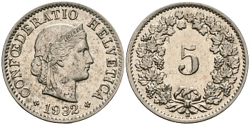 Швейцария 5 раппенов 1932 KM 26b никель aUNC 4608-1033