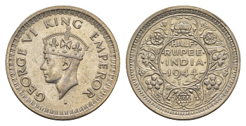 Британская Индия 1/2 рупии 1944 Бомбей, Георг VI (1936-1952) KM 552 серебро 5010-1125
