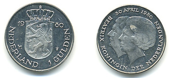 Нидерланды 1 гульден 1980 на коронацию Беатрикс, 30 апреля 1980 KM 200 никель 84-1022