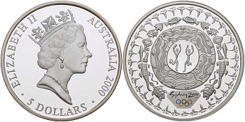 АВСТРАЛИЯ 5 ДОЛЛАРОВ 2000 (1998) СЕРИЯ ОЛИМПИАДА В СИДНЕЕ 2000 ГОДА, АБОРИГЕНСКИЕ ТАНЦЫ, ЦВЕТНАЯ ЭМАЛЬ KM 381 серебро PROOF 00-00