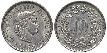 Швейцария 10 раппенов 1965 B KM 27 медно-никель 4128-722