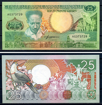 Суринам 25 гульденов 1988 Pick 132 b бумага UNC (ПРЕСС) 7552-35-3-2