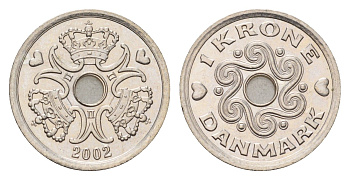 Дания 1 крона 2002 LG, Маргрете II (1972-2024) KM 873 медно-никель UNC 4701-942