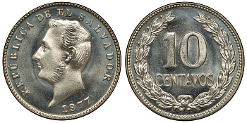 Сальвадор 10 сентаво 1977 год тип, Франсиско Морасан KM 150 a медь никель цинк UNC M56-01
