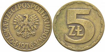 Польша 5 злотых 1976 монетный двор Ленинград (ЛМД) KM 81.1, Parchimowicz 221b латунь 3856-841