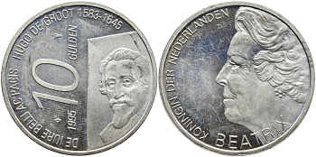 Нидерланды 10 гульденов 1995 300 лет со дня смерти Хьюго Грута, королева Беатрикс KM 220 серебро 441-1414