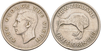 Новая Зеландия 1 флорин 1949 Георг VI (1937-1952), птичка киви KM 18 медно-никель 4590-521