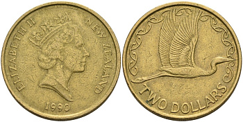 Новая Зеландия 2 доллара 1990 Елизавета II (1952-2022), большая белая цапля KM 79 алюминиевая бронза 59-111