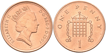 Великобритания 1 пенни 1997 Елизавета II (1952-2022) KM 935a, Spink 4391 (B4) сталь плакированная медью 4588-552