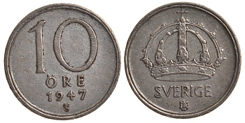 Швеция 10 эре 1947 TS, Густав V (1907-1950) KM 813 серебро 4179-544