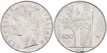 Италия 100 лир 1963 R, Афина в доспехах KM 96.1 нержавеющая сталь 4683-446