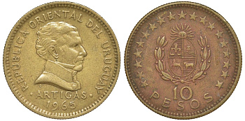 Уругвай 10 песо 1965 KM 48 алюминиевая бронза 88-525