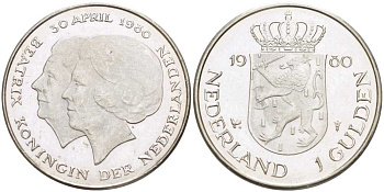 Нидерланды 1 гульден 1980 на коронацию Беатрикс, 30 апреля 1980 KM 200 никель 213-1245