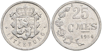 Люксембург 25 сантимов 1954 первый год KM 45а.1 алюминий 4549-1257