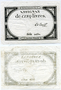 Франция 5 ливров 1793 31 октября 1793, 10 Brumaire An II, серия10751 Pick A76 бумага 6293-59-3