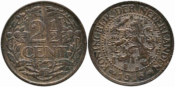 НИДЕРЛАНДЫ 2 1/2 ЦЕНТА 1916 ВИЛЬГЕЛЬМИНА (1890-1948) KM 150 бронза 87-413