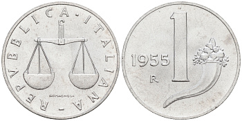 Италия 1 лира 1955 R, весы KM 91 алюминий  UNC  4594-722