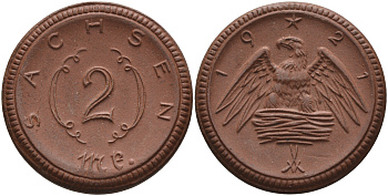 Саксония 2 марки 1921 J. N 56 фарфор 1094-2-53