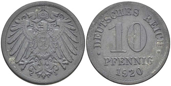 Германия 10 пфеннигов 1920 KM 26, J. 299, Weege 8 цинк 210-232