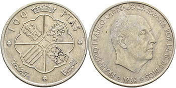 Испания 100 песет 1966 (66) Франсиско Франко (1939-1975) KM 797 серебро 118-113