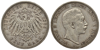 Пруссия 5 марок 1895 Вильгельм II (1888-1918) KM 523, J.104 серебро    413-1513