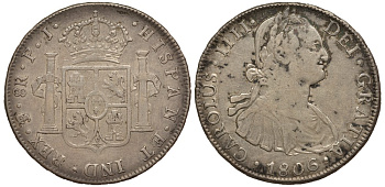 Боливия 8 реалов 1806 PJ, монетный двор PTS (город Потоси), Карл IV Испанский (1788-1808) KM 73.1 серебро 00-802-08