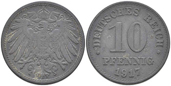 ГЕРМАНИЯ 10 ПФЕННИГОВ 1917 KM 26, J. 299 цинк 175-231