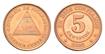 Никарагуа 5 сентаво 2002 год-тип KM 97 сталь плакированная медью UNC 4668-817