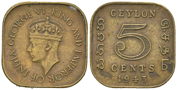 Цейлон 5 центов 1943 KM 113.1 никель латунь 4621-138