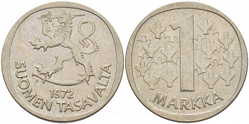 ФИНЛЯНДИЯ 1 МАРКА 1972 S KM 49а медно-никель 3718-712