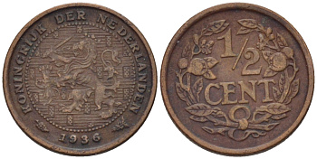 НИДЕРЛАНДЫ 1/2 ЦЕНТА 1936 ВИЛЬГЕЛЬМИНА (1890-1948) KM 138 бронза 39-231